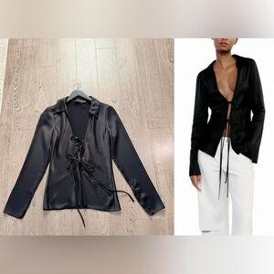 Zara Black Satin Effects Tie-Front Blouse